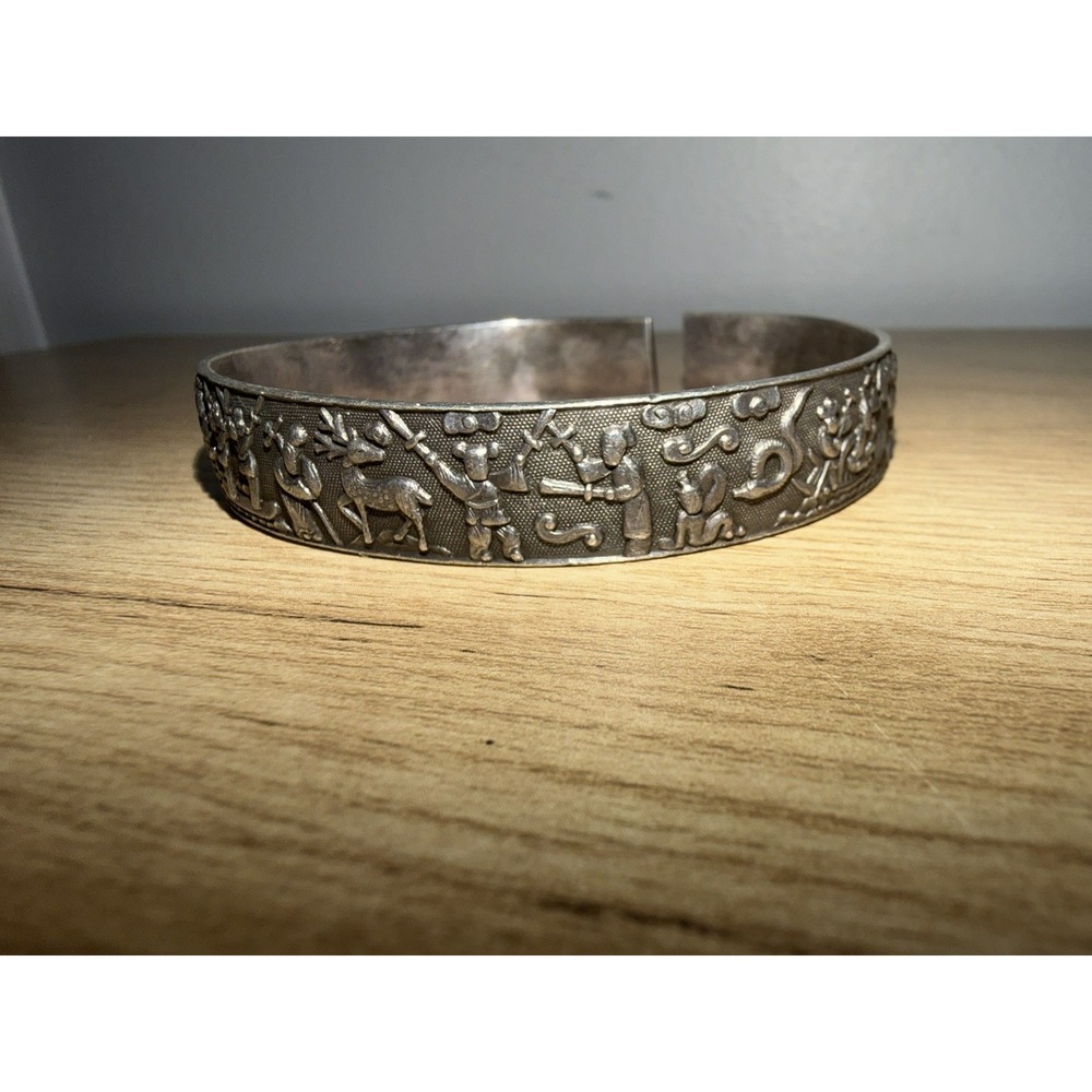 Sterling Silver Cuff Nepal 925 Story Telling Bangle 8.5"